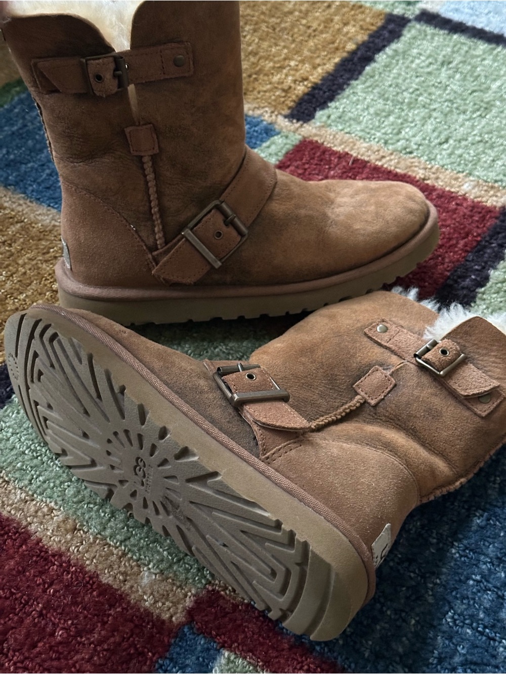 UGG Kids Short Suede Boots in Chestnut with Sheepskin Trim